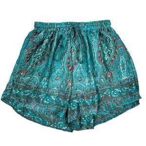 Cynthia Mehra Teal Blue Paisley Print Comfy Drawstring Waist Pajama Lounge Short